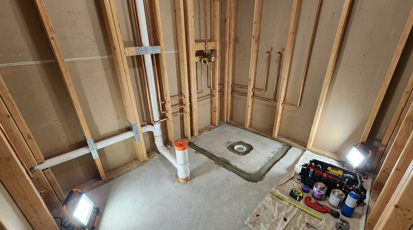 Bathroom rough-in plumbing during remodel by Johns Plumbing LLC in Closter