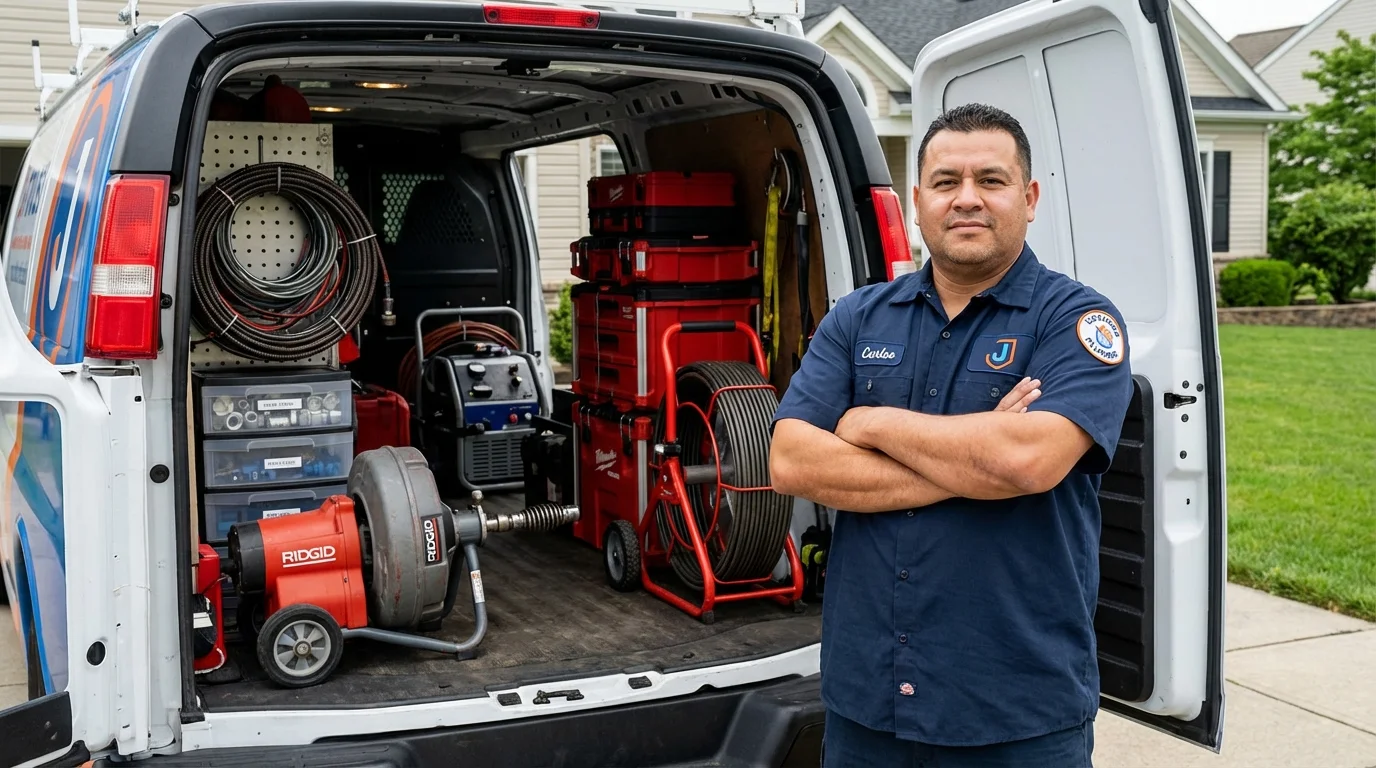 Professional drain cleaning equipment and Johns Plumbing LLC plumber in Closter