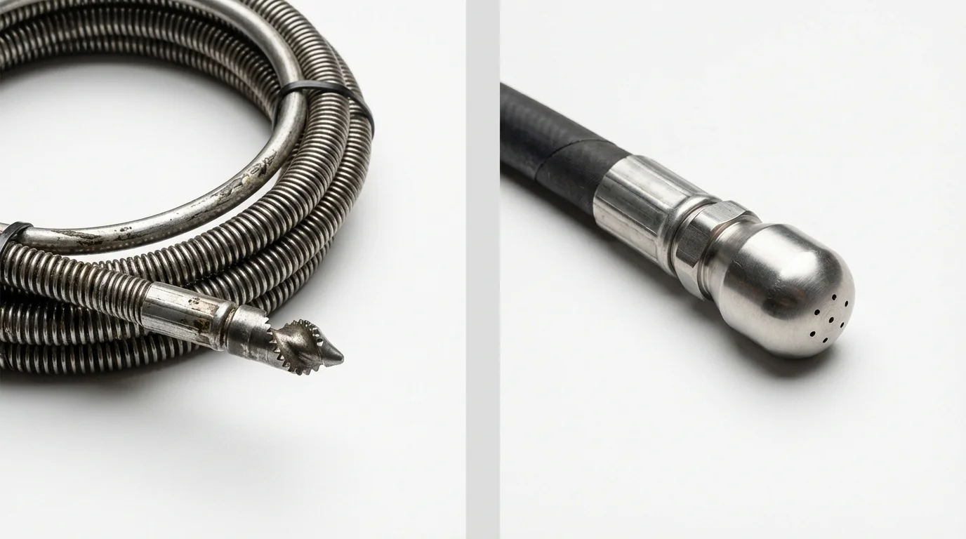 Drain snake cable and hydro jetting nozzle used for drain cleaning in Closter, NJ