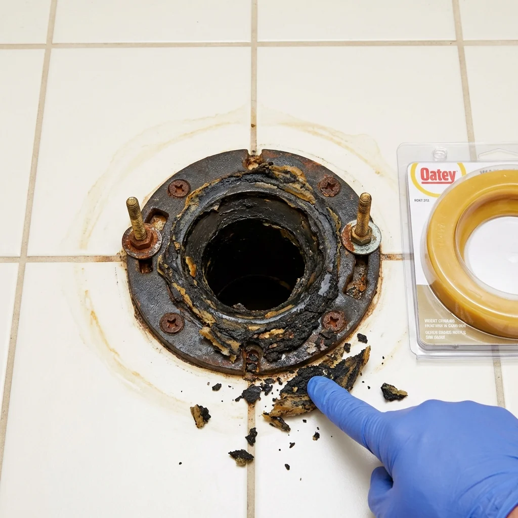 Failed wax ring showing water seepage at the base of a toilet in a Closter, NJ home