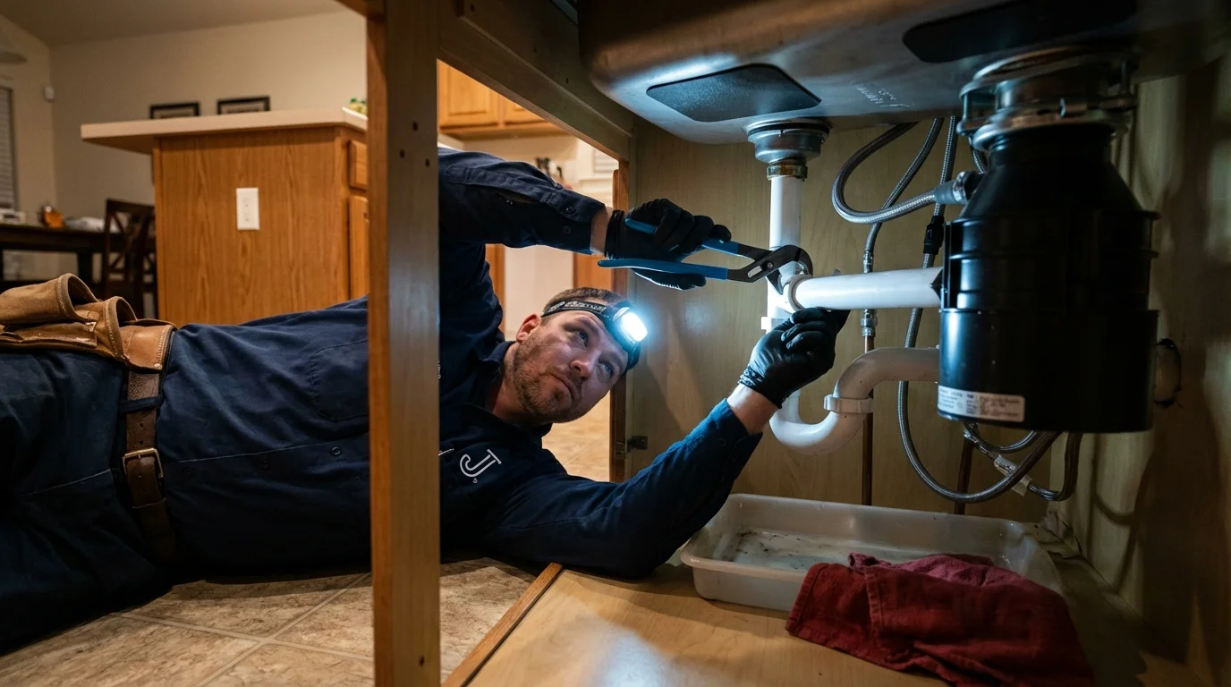 P-trap and supply line connections under a kitchen sink showing a common leak point in Closter, NJ